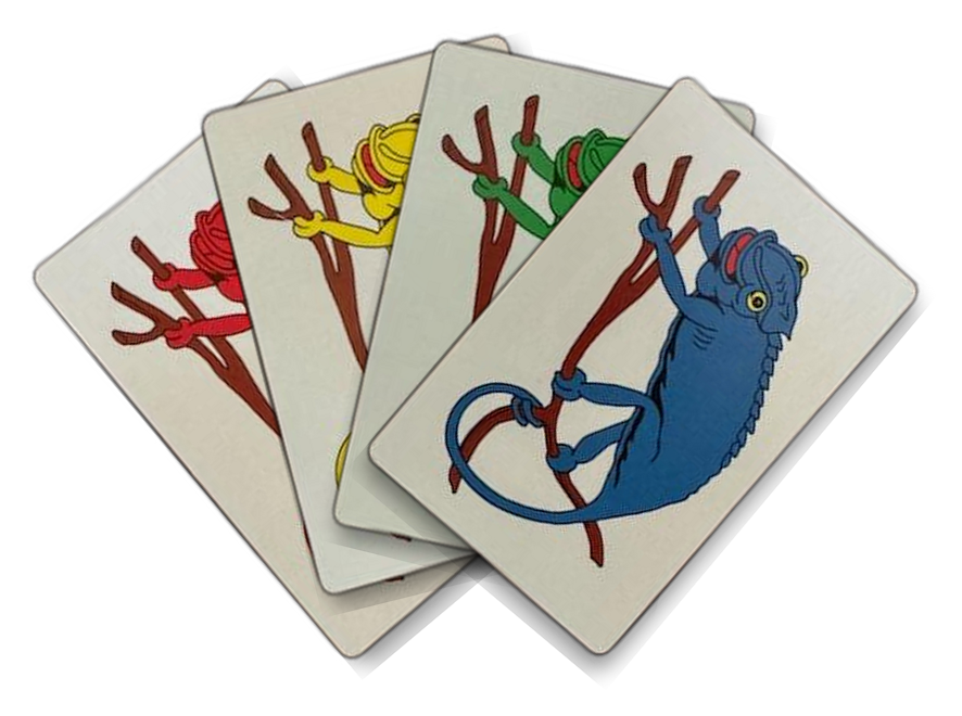 The four Chameleon color cards — blue, red, green and yellow chameleons — fanned out